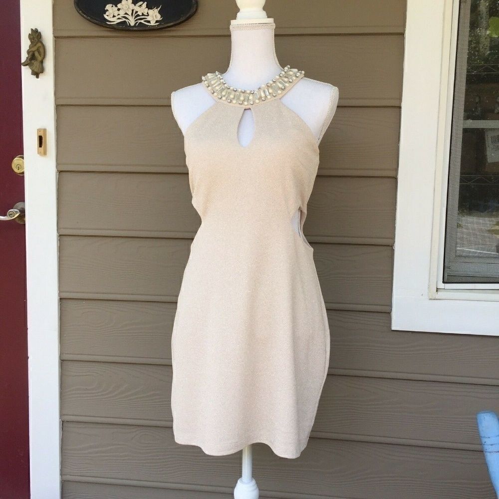 Beaded Choker Keyhole Cutout Cream White Sleeveless Mini Dress Y2K